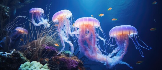 Underwater jellyfish, fluorescent, and in an aquarium.