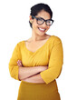 © Suresh/peopleimages.com - Isolated teacher woman, arms crossed and smile in portrait with glasses by transparent png background. Education employee, learning expert or person with pride, happy and fashion for job at academy