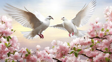 White Doves And Pink Flowers