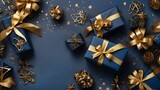 Fototapeta Mapy - Dark Blue Gift box with gold ribbon and bows, beautiful and luxury gift, Blue background.