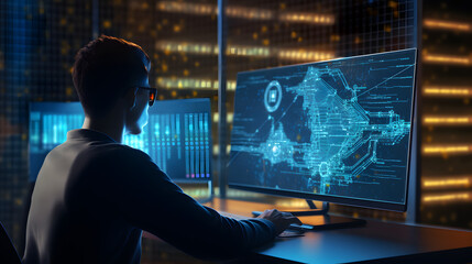 Computer programmer coding on modern computer with AI Artificial Intelligence. Data science, software development. generative ai.