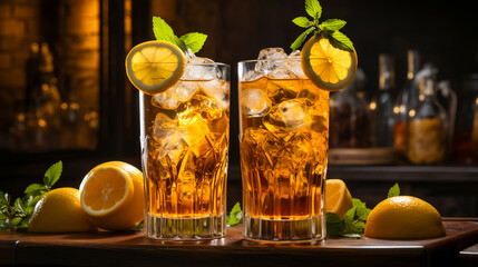 iced tea with lemon and ice in tall glasses