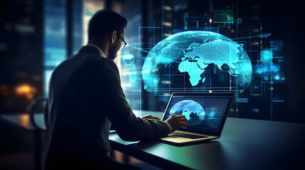 Digital technology, data processing and engineering, cloud computing concept. Computer programmer coding on laptop, database management with data center. generative ai.