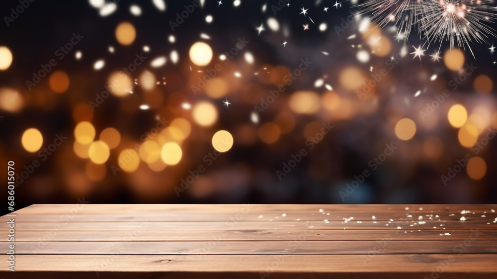 Table Top Firework Empty wooden plank table top with festive fireworks, bokeh light ...