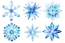 Watercolor Soft Crystal Blue Flower Snowflake Clipart Element Set