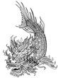 mythological dragon-headed koi carp fish swimming down. Japanese and Chinese mythical creature isolated on white. Graphic style vector illustration. Black and white
