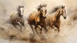 Abstract textured drawing horses in wildlife shaded oil painting