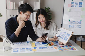 Business teamwork and working with UX developer and UI designer at table in modern office. Creative and development agency concept.