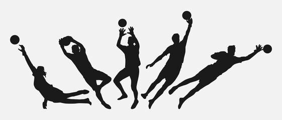 Wall Mural - Set of silhouettes of male athlete goalkeeper jumping catching the ball. Football sport. Isolated on white background. Vector illustration.