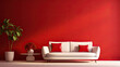 minimalist design living room with red wall and white sofa