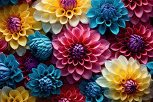Close Up Of A Cluster Of Different Colored Dahlia Flowers. Dahlia Flowers Pattern Wallpaper Backdrop