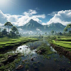 Wall Mural - Indonesian landscape with volcano and river. Generative AI Art. Beautiful view.