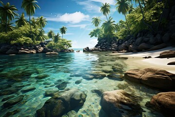 Wall Mural - Tropical beach with white sand and clear turquoise ocean. Generative AI Art. Beautiful view.