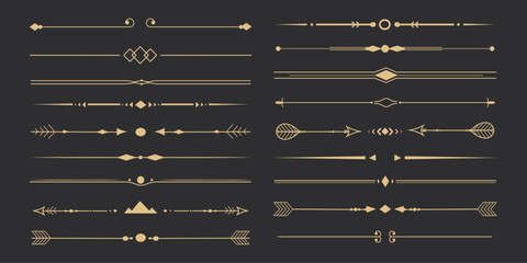 Text devider set, gold line minimal separators, elegant doodlle borders, decorative elements isolated on dark background.