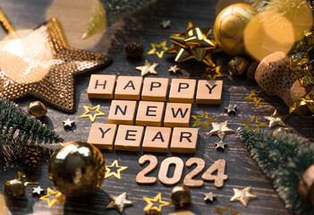 Wall Mural - A postcard or banner. A symbol from the number 2024 with golden balls, stars, sequins and a beautiful bokeh on a wooden background. Happy New Year 2024. The concept of the celebration.