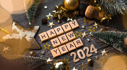 Wall Mural - A postcard or banner. A symbol from the number 2024 with golden balls, stars, sequins and a beautiful bokeh on a wooden background. Happy New Year 2024. The concept of the celebration.