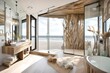 Contemporary beach house bathroom with driftwood accents, a glass-enclosed shower, and sandy hues
