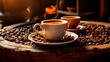 Taza de café caliente - Café molino granos - Cafetería especialidad, filtrado - Mesa madera 