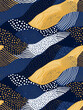 Seamless Pattern with abstract dotted organic waves in Gold, blue, white colors. Dots with hand drawn details. For graphic design, printing, card, poster, interior, packaging, paper