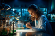 Mujer científica investigación probeta  - Beca investigación estudiante ciencia farmacos