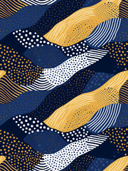 Wall Mural - Seamless Pattern with abstract dotted organic waves in Gold, blue, white colors. Dots with hand drawn details. For graphic design, printing, card, poster, interior, packaging, paper