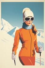 Poster Illustration Of A Woman Skiing At A Ski Resort In 1950's Pop Art Style