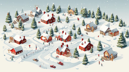 Isometric illustration image of a christmas winter theme village