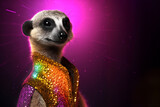Fototapeta  - Creative animal concept. Meerkat in disco neon glitter glam shiny glow sequin outfit, copy text space. commercial, editorial advertisement party invitation invite, surreal surrealism
