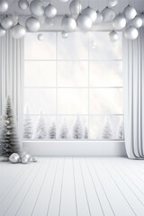 empty room with winter window and chirstmas background