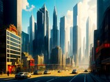 Fototapeta  - background image that represents the essence of a bustling cityscape, with towering skyscrapers, intricate road networks, and a dynamic mix of urban elements. 