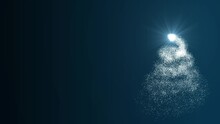 Bright light source draws a Christmas tree made of blue particles on a blue gradient background. Animation for Christmas holiday with free space.