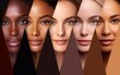 International women day poster with photorealistic women, diversity concept. Different race faces, front view, elegant appearance, brown and beige colors, AI Generative