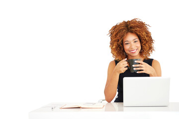 Aufkleber - Businesswoman, portrait and laptop or coffee for internet communication, type as manager. Female person, face and isolated transparent png background as professional worker, book or morning espresso