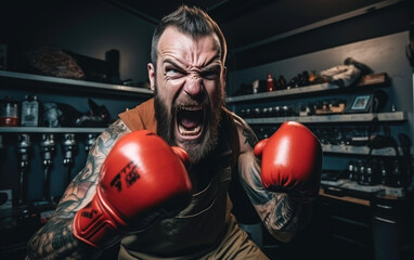 Wall Mural - An angry auto mechanic shooting with boxing gloves