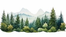 Nature Forest Lawn Scene Watercolor Illustration Hand Drawn Mountains, Trees, Bush, Glade With Grass Wild Landscape Element  Nature With Mountains, Trees, And Grass White Background.