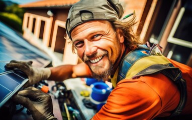 Sticker - Smiling construction worker installs solar panels on the roof of a house