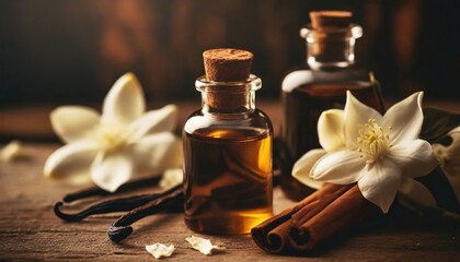 essential oils with jasmine, cinnamon and vanilla on rustic wooden table, retro style. Spa and wellness aromatherapy treatment 