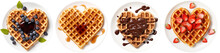 Collection Of Heart Shaped Waffles With Different Toppings (blueberry, Maple Syrup, Chocolate Sauce, Strawberry), Isolated On White Background, Food Bundle