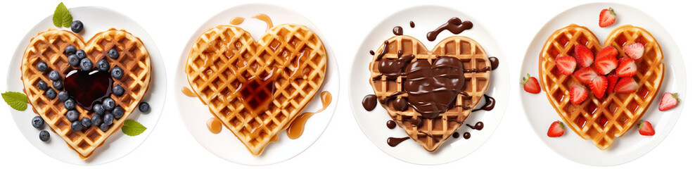 Wall Mural - Collection of heart shaped waffles with different toppings (blueberry, maple syrup, chocolate sauce, strawberry), isolated on white background, food bundle