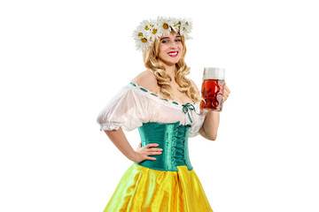 Wall Mural - Midsummer woman waitress serving big beer mugs on isolated background during beer party. Blonde girl with wreath daisies flowers in her hair celebrating traditional beer festival in summer or spring.