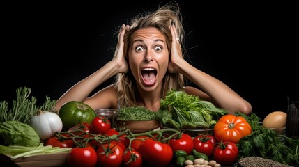 Woman surrounded by various vegetables background. Veganuary, Healthy organic food, harvest, Diet concept. Portrait of happy lady and variety fresh raw different vegetables. .