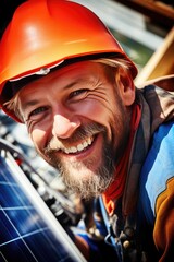 Sticker - Smiling construction worker installs solar panels on the roof of a house