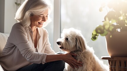 a older woman petting her dog during an animal assisted learning program