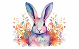Fototapeta Dziecięca - Happy Easter poster. Big colorful rabbit isolated on white background. Watercolor style illustration, splashes, pastel colors. Spring design for posters, greeting cards, invitations. AI Generative.