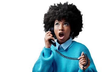 Isolated African woman telephone with shock, wow and thinking for news by transparent png background. Girl, phone call and vintage style with listening, deal or sale with promotion on retro network