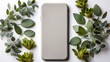 © Anchalee - White phone case mockup, Back view Smartphone, branches with green leaves isolated on white background,Object mockup blank screen for text, photo editing for print, design, Generative ai