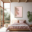 an empty frame mockup a1 size, frame is on the floor leaning againste a sofa in a funky bedroom with pink decor, plant, windows letting in sunlight