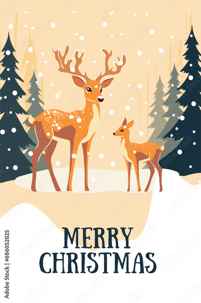 Happy Christmas and New Year illustration of deer in the forest, mother ...