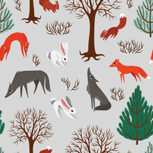 Seamless Pattern Winter In The Forest And Wild Animals
