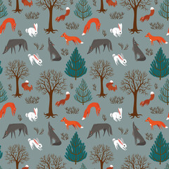 Wall Mural - seamless pattern winter in the forest and wild animals